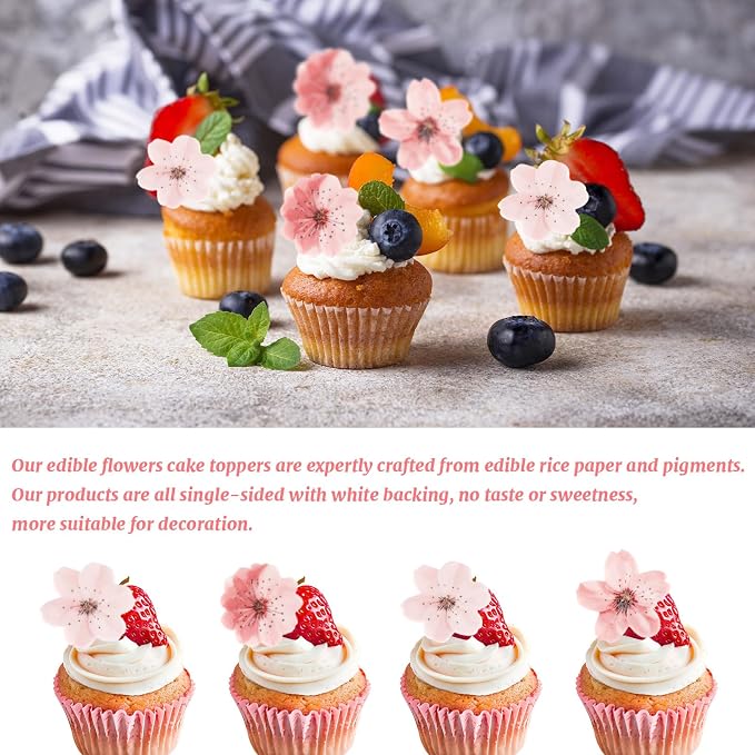 50pcs Edible Flowers Cake Decorations – Edible Flowers Cupcake Toppers | Edible Flowers Cherry Blossoms Cake Toppers Decorations Wafer Paper, Flower Cupcake Toppers for Wedding Birthday Party - Image 2