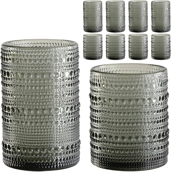 ZMOWIPDL 12oz & 15oz Hobnail Drinking Glasses,Grey Glass Cups Set of 8 | Vintage Highball Glassware，Kitchen Drinkware，Embossed Water Tumbler,for Beer,Cocktail,Whiskey,Juice,Various Mixed Drinks by ZMOWIPDL