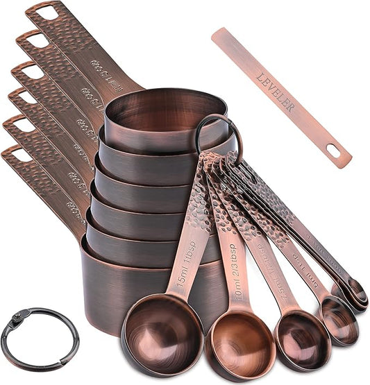 Copper Measuring Cups and Spoons Set 14, Stainless Steel Measuring Cups and Spoons set, Metal 6 Measure Cup and 7 Measure Spoon with 1 Leveler for Kitchen & Baking