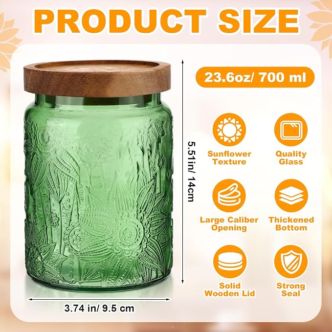 LemonRoad 2 Pcs Vintage Glass Storage Jars 23.67 oz Candy Jar Canister with Solid Wood Lids Food Storage Container for Kitchen, Ground Coffee, Tea, Sugar, Decorative Mason Cookie Jars (Green) - Image 2