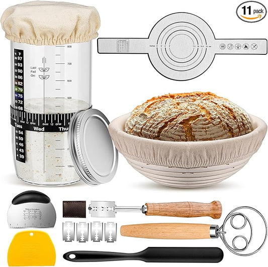 Sourdough Starter Kit, 9'' Round Banneton Proofing Basket, 36oz Sourdough Starter Jar, Bread Lame, Dough Scraper, Dough Whisk & Silicone Bread Sling