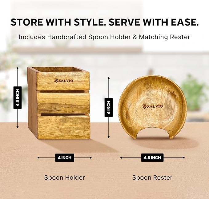Zalvio 12-Piece Acacia Wood Kitchen Utensil Set – Wooden Spoons with Holder & Spoon Rest | Handmade Cooking Tools in Premium Gift Packaging