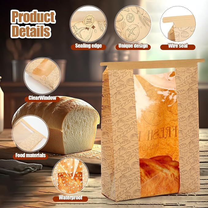 Feifeiya 200 Pack Kraft Paper Bread Bags for Homemade Sourdough Bread Bag with Clear Window 13.7 x 8.2 x 3.5 Large Bakery Packaging for Treat Storage Gift Giving with Seal Sticker - Image 3