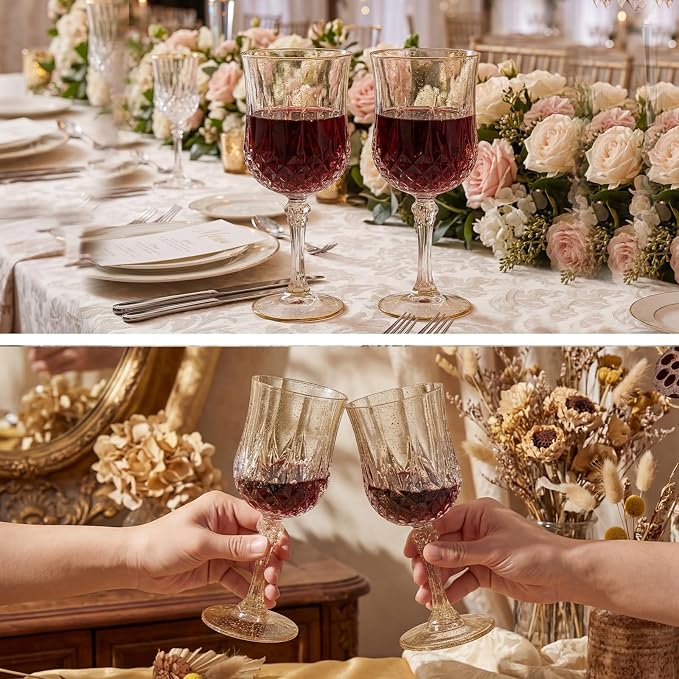 Sliner 48 Pcs 7oz Plastic Vintage Wine Glasses Drinking Goblets Unbreakable Crystal Water Glassware Reusable Diamond Champagne Flutes Cups for Wedding Banquet Birthday Party Supplies (Gold Glitter) - Image 4