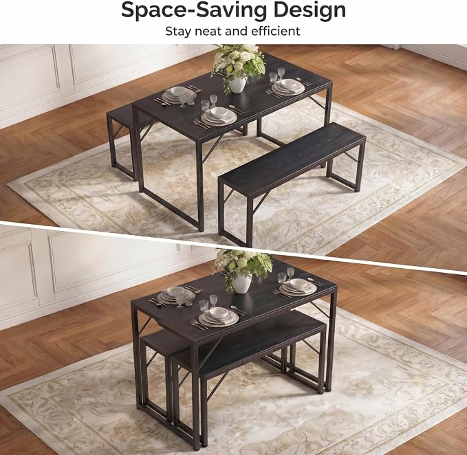 Bealife Dining Table Set for 4 with Metal Frame and MDF Board - Black | Space Saving Kitchen Table with 2 Benches, Kitchen Table Set for Apartment, Dining Room, Breakfast Nook - Image 5