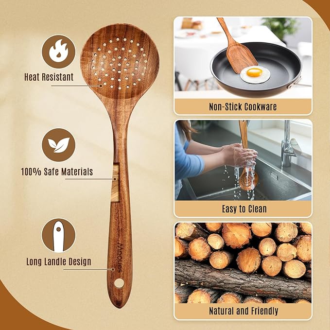 Mooues Wooden Kitchen Utensil Set, 12 Piece Natural Teak with Spoon Rest | Wooden Cooking Utensils with Comfort Grip, Smooth Durable Heat Resistant Cooking Spoons and Utensils Holder for Cooking - Image 2