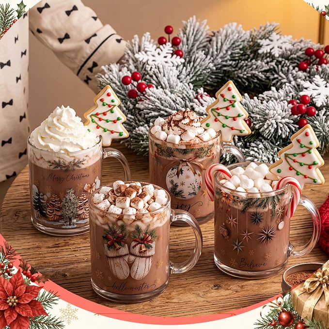 Tioncy 4 Pcs Christmas Mugs 12 oz Xmas Tea Cups with Handles Christmas Tree Coffee Cup Holiday Mugs Set Festive Xmas Cup Drinking Gift for Coffee Lovers Santa Collectible Containers Holiday Party - Image 4