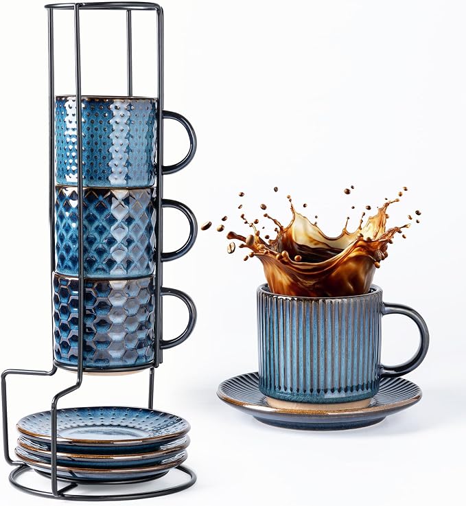 GBhome 6 OZ Stackable Coffee Mugs Set of 4, Ceramic Espresso Coffee Cups | Coffe Cups With Saucer and Stand, Dishwasher&Microwave Safe, 4 Assorted Designs by GBhome