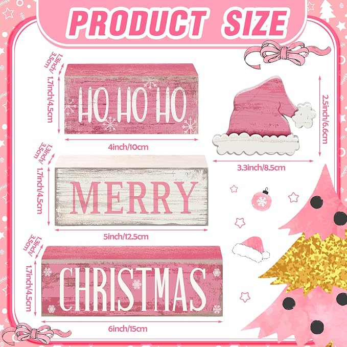 Moucuny 4 Pcs Christmas Table Decorations Pink Santa Hat Decor Christmas Tiered Tray Decor Rustic Wood Pink Hat Block Sign Gift Xmas Table Centerpiece Farmhouse for Home Shelf Kitchen Decorations - Image 2