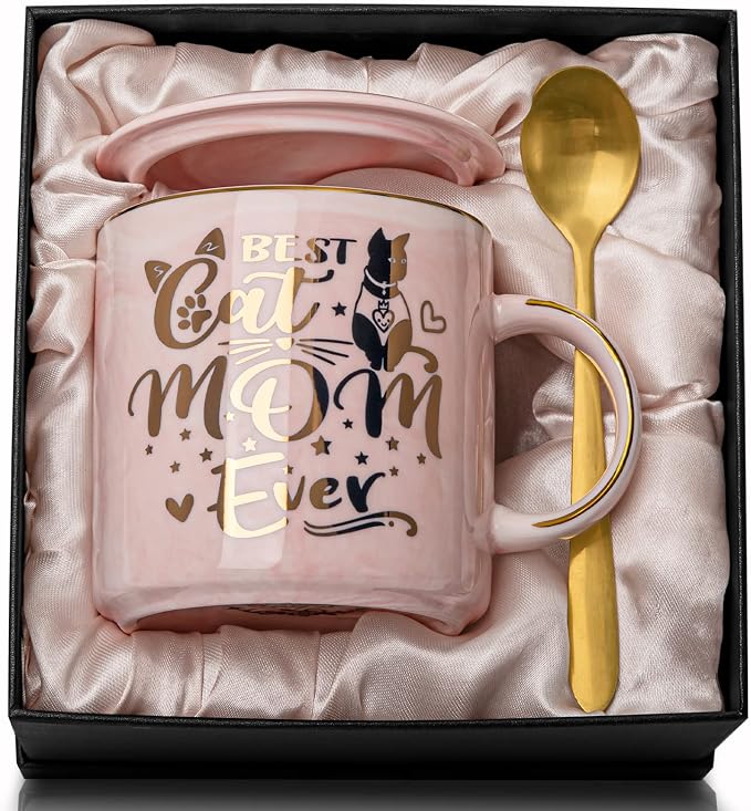 Cat Mom Gifts for Women, Best Cat Mom Ever Mug, Gifts for Cats Lovers | Unique 14oz Pink Marble Ceramic Gold Pattern Cup Gift Box, Birthday Christmas Mothers Day gifts for Cat Lady Mom Wife Friend by Biching