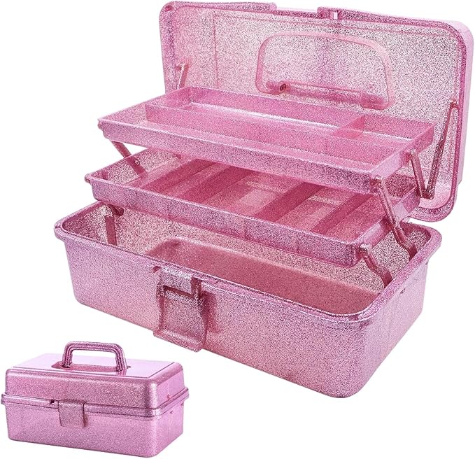Saim Storage Bins,Three-Layer Multipurpose Art & Craft Storage Container,Carry Tackle Organizer,Medicine Cosmetic Art Supply Box for Art Supply Makeup Hair Accessories Painting Tools - Pink