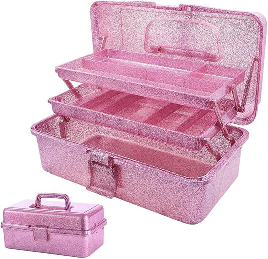 Saim Storage Bins,Three-Layer Multipurpose Art & Craft Storage Container,Carry Tackle Organizer,Medicine Cosmetic Art Supply Box for Art Supply Makeup Hair Accessories Painting Tools - Pink