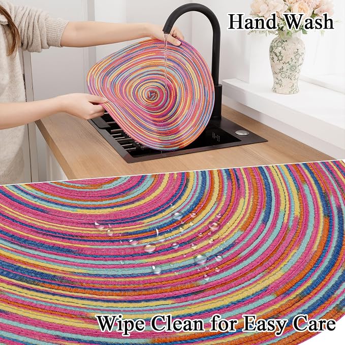 SHACOS 15 inch Round Placemats Set of 6 Variegated Multicolor Place Mats Cotton Polyester Braided Non Slip Washable Heat Resistant Table Mats for Home Wedding Dinner Party Table Decor, Rainbow Pink - Image 8