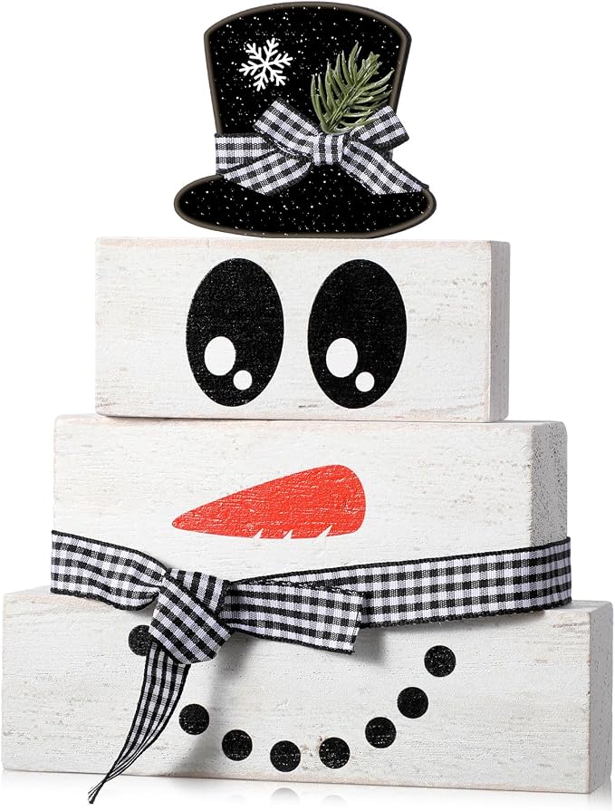 Moucuny 4 Pcs Winter Table Decoration Wooden Snowman Decor Black and White Winter Tiered Tray Decor Rustic Snowman Face Wood Block Sign Gift Christmas Centerpiece Farmhouse for Wonderland Home by Moucuny