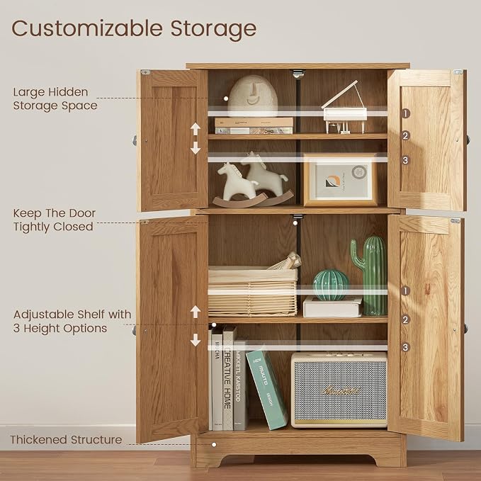 TEENFON Storage Cabinet, Rattan Cabinets with 2 Adjustable Shelves & 4 Doors, Bathroom Cabinet, Cupboard, Floor Cabinets for Living Room, Entryway, Kitchen, Home Office, Natural - Image 4