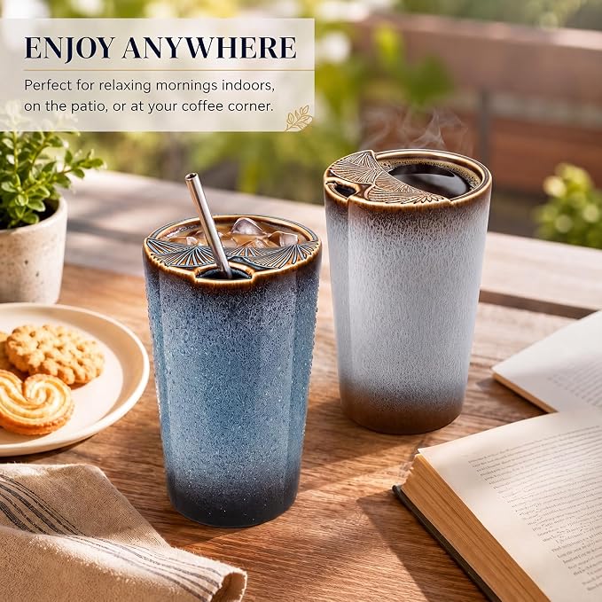 2 Pack Ceramic Coffee Mug with Sip Hole, Retro Espresso Cup 13 oz with 2 Straws and 2 Cleaning Brushes Ceramic Iced Coffee Tea Travel Mug Latte Cup for Kitchen Dining - Image 5