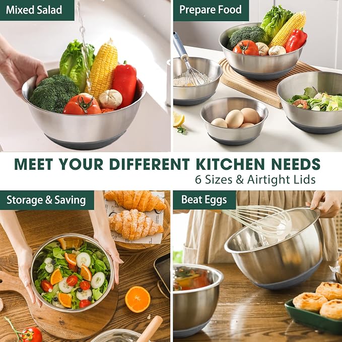 Umite Chef Mixing Bowls with Airtight Lids，6 piece Stainless Steel Metal Nesting Storage Bowls, Non-Slip Bottoms Size 7, 3.5, 2.5, 2.0,1.5, 1QT, Great for Mixing & Serving(Grey) - Image 4