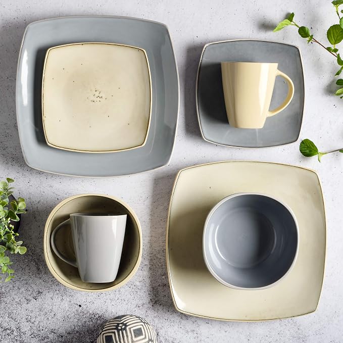 Gibson Elite Soho Lounge Square Reactive Glaze Stoneware Dinnerware Set, Service for 4 (16pc), Light Gray - Image 6