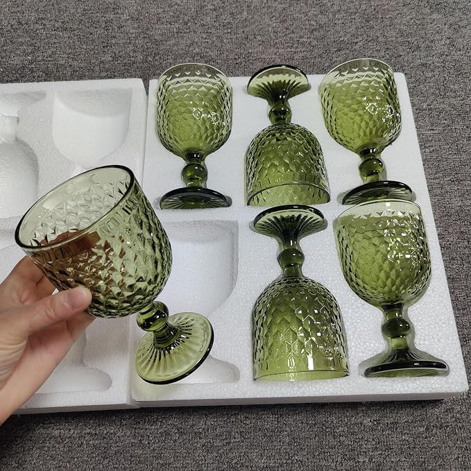 Taganov Green Wine Glass Water Goblets Vintage Glassware set of 6 Colored Stemware 13.5 oz for Wedding Party Bar Housewarming Gift - Image 4
