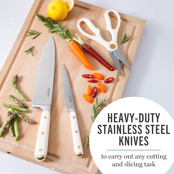 Martha Stewart Knife Block Set 16-Piece - Lockton High Carbon Stainless Steel Forged Full Tang Chef Knives, Acacia Wood Block, Triple Riveted Handles, Linen White & Gold - Image 4