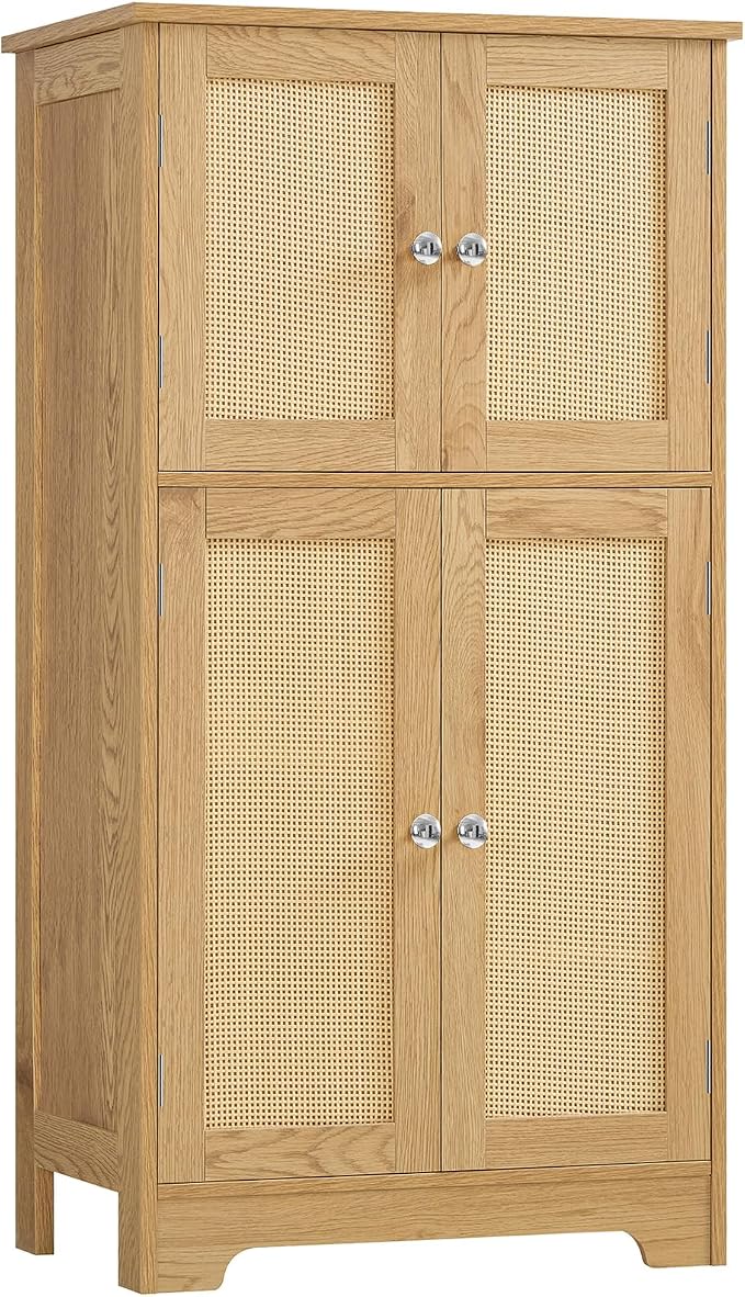 TEENFON Storage Cabinet, Rattan Cabinets with 2 Adjustable Shelves & 4 Doors, Bathroom Cabinet, Cupboard, Floor Cabinets for Living Room, Entryway, Kitchen, Home Office, Natural by TEENFON