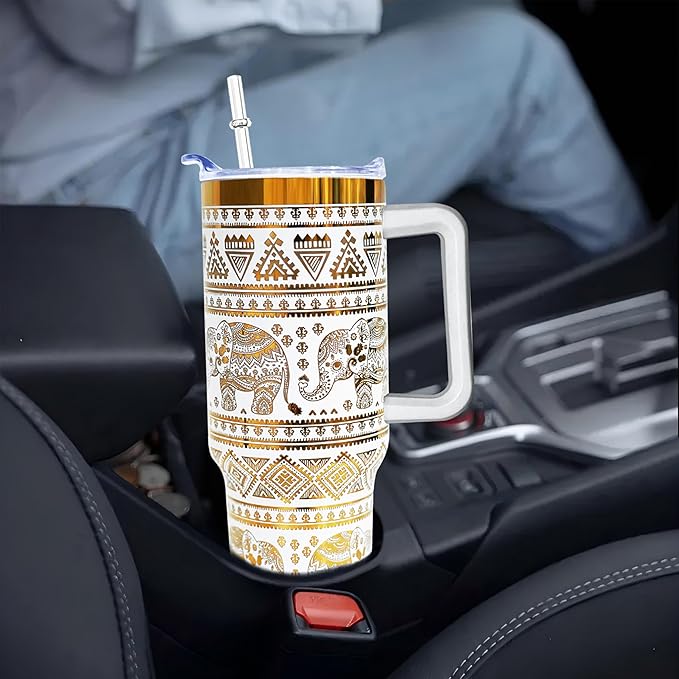 40 oz Elephant Laser Engraving Tumbler With Handle With Lid Straw Double Insulated Travel Coffee Cup Elephant Travel Accessories Must Have Gifts For Women