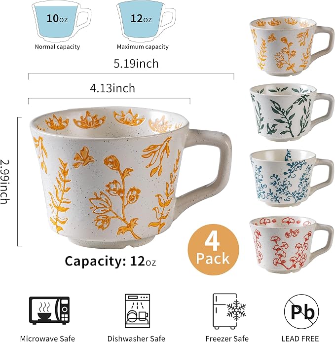 Ceramic Mugs 11 oz Unique Luxurious Cups Set of 4, Mug for Coffee Milk Latte Cappuccino Tea, Office Home Kitchen Use, Dishwasher Birthday Gift Microwave Freezer Safe Stoneware Mixed - Image 4