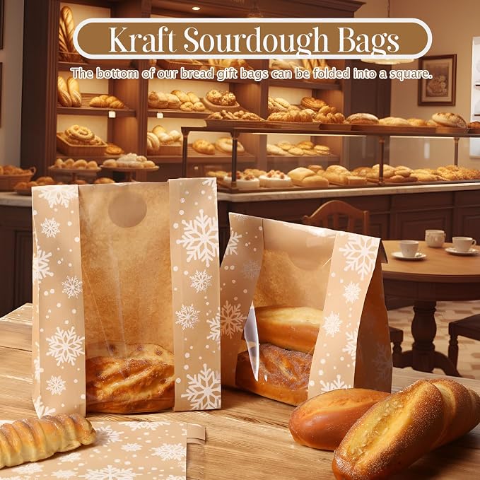 Feifeiya 100 Pack Kraft Paper Bread Bags for Homemade Sourdough Bread with Window & Stickers, 13.7x8.3 Large Bakery Bags for Loaves Greaseproof Food Packaging for Baking Gifts, Brown(Snowflake) - Image 5