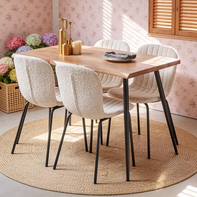 Rectangle Dining Table Set for 4 with White Boucle Chairs | 5-Piece Mid-Century Modern Set, Irregular MDF Table, Wood Grain, Space-Saving for Small Spaces, Dining Rooms, Easy Assembly by SQPFTW