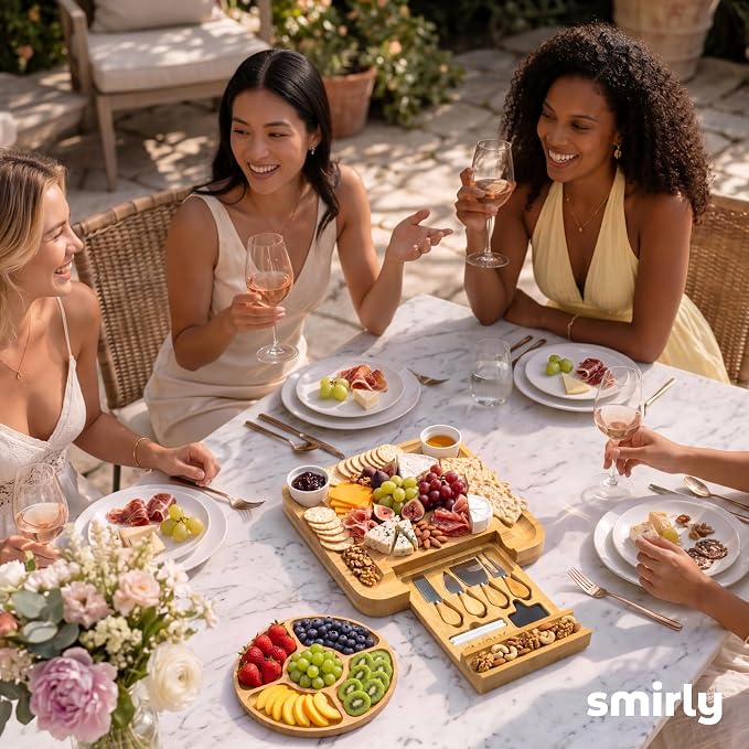 SMIRLY Charcuterie Board Set with Serving Accessories, Bamboo | Housewarming, Wedding, Bridal Shower and Birthday Gift for Women, Ideal for Movie Nights, Entertaining and Family Gatherings - Image 8