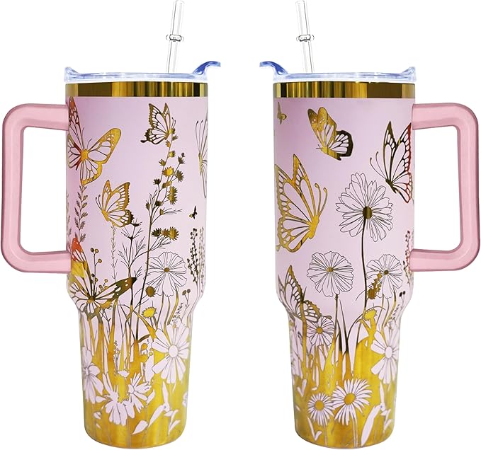 40 oz Butterfly Laser Engraving Tumbler With Handle With Lid Straw Double Insulated Travel Coffee Cup Butterfly Travel Accessories Must Have Gifts For Women