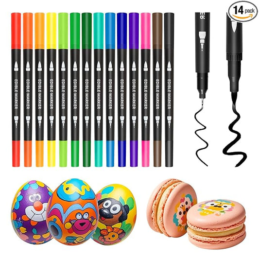 Edible Markers, 14 pcs Colorful Food Coloring Pens for Decorating Cookies, Fondant, Gum paste, Icing, Macarons, DIY Easter Eggs, Marshmallows, Fruits.