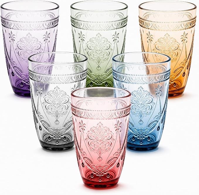13 OZ 6 Pack Vintage Drinking Glasses Set, Colorful Textured Glass Tumblers Cups -Embossed Striped Glassware for Water, Cocktails, Juice, Iced Coffee, Beer(necklacestyle) by forhaodejia