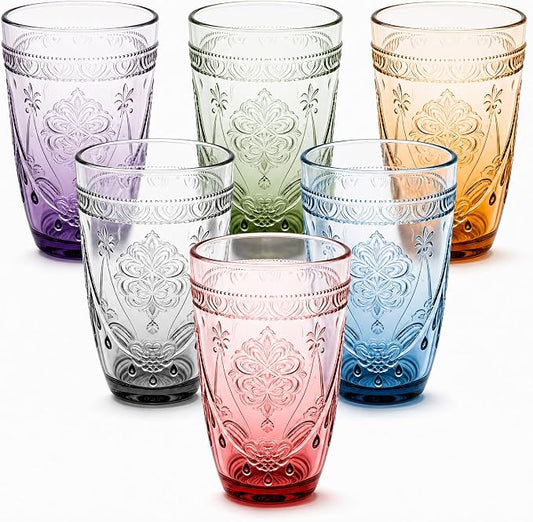 13 OZ 6 Pack Vintage Drinking Glasses Set, Colorful Textured Glass Tumblers Cups -Embossed Striped Glassware for Water, Cocktails, Juice, Iced Coffee, Beer(necklacestyle) by forhaodejia