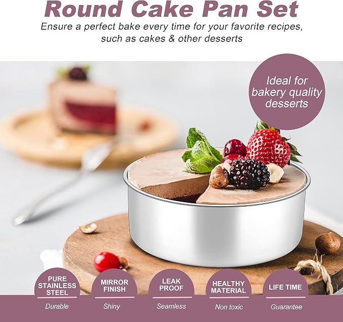 Herogo 8'' x 3'' Cake Pans Set of 2, Stainless Steel Deep 8 Inch Round Baking Pan, for Layer Birthday Wedding Christmas Cakes, Mirror Finish & Healthy, Deep Side & Oven Safe - Image 6