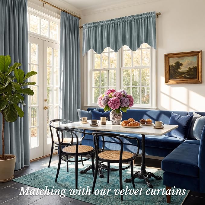 Stone Blue Velvet Window Valance Scalloped 52x18 Inch 1 Panel | Soft Wavy Blue Scalloped Curtains for Small Windows, Modern Window Treatment for Bathroom, Laundry, RV - Image 2