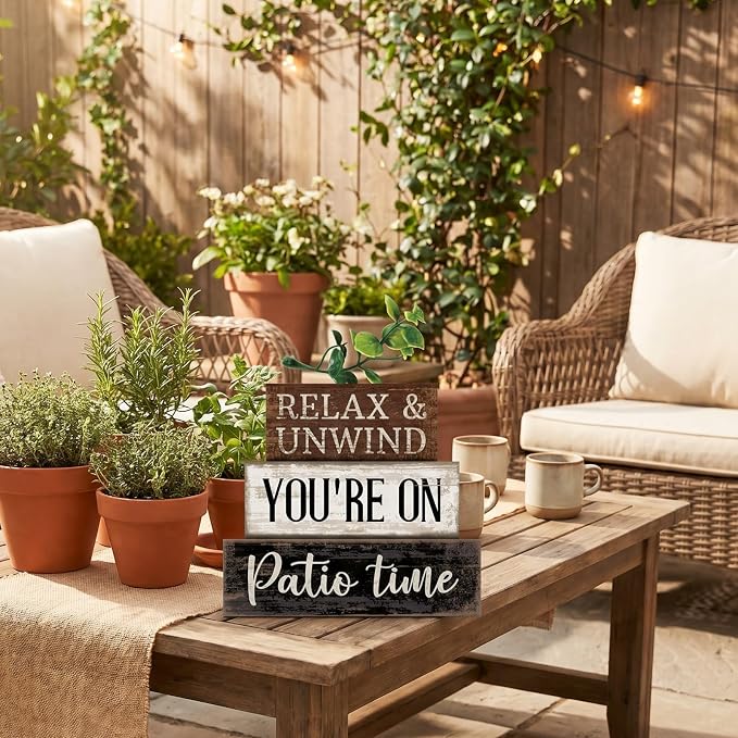 Moucuny 4 Pcs Farmhouse Table Decor Rustic Patio Stacked Wooden Decor - "Relax & Unwind You're on Patio Time" Sign with Greenery Topper for Home Porch Yard Shelf Fireplace Tiered Tray Decoration - Image 2