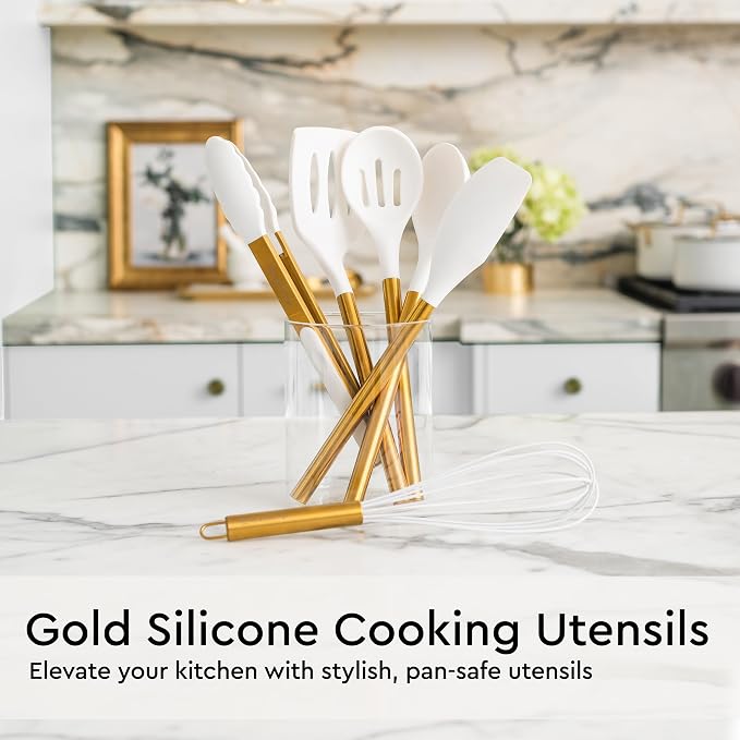 Gold Kitchen Utensils Set - 19-Piece Set Includes Stainless Steel Gold Utensils, White Silicone Tools, and Measuring Cups and Spoons - Luxury Kitchen Accessories for Modern Cooking, Serving, & Gifting | Stainless Steel, White Silicone Tools, and Measur... - Image 4