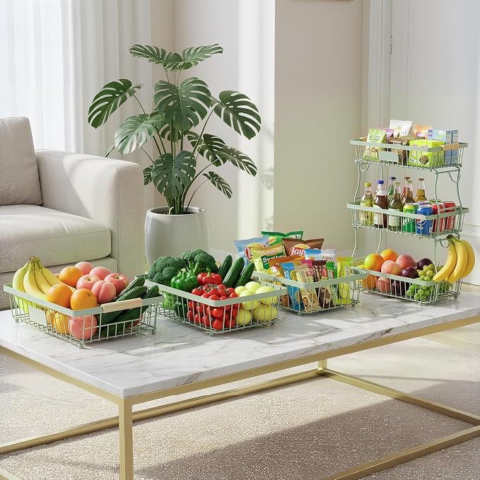 3 Tier Fruit Basket with 2 Banana Hangers, Countertop Fruit Vegetable Stand Produce Holder Organizer for Onion Potato Bread Snack Veggie Green - Image 6