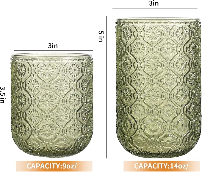 Set of 8 Vintage Embossed Glassware,4 Highball Glasses 14oz & 4 Rocks Drinking Glasses 9oz, Art Deco, for Wine, Water, Cocktail, Juice, Whiskey, Gift (Green) - Image 5