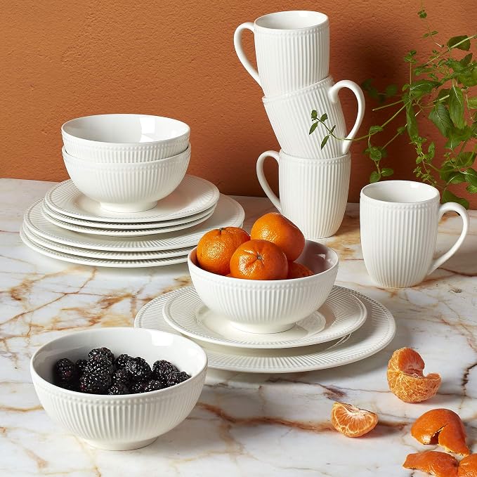 Tabletops Gallery Embossed Bone White Porcelain Round Dinnerware Collection- Chip Resistant Scratch Resistant, Fleur 16 Piece Dinnerware Set (Dinner Plate, Salad Plate, Cereal Bowl, Mug) - Image 3