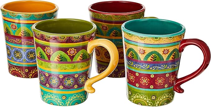 Tunisian Sunset 18 oz. Ceramic Mugs, Set of 4 – Multicolor Boho Coffee & Tea Cups with Bold Folk Art Patterns, Microwave & Dishwasher Safe, Eclectic Kitchen Gift Set for Beverage Lovers by CERTIFIEDINTERNATIONAL