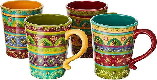 Tunisian Sunset 18 oz. Ceramic Mugs, Set of 4 – Multicolor Boho Coffee & Tea Cups with Bold Folk Art Patterns, Microwave & Dishwasher Safe, Eclectic Kitchen Gift Set for Beverage Lovers by CERTIFIEDINTERNATIONAL