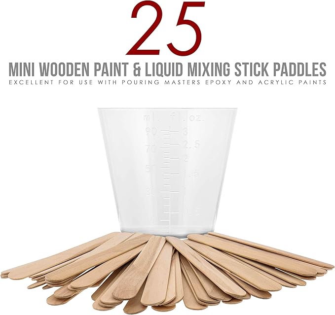 Pouring Masters 3 Oz (90 ml) Liquid Measuring Cups - Plastic Graduated Cup (100 Pack) with 25 Sticks - Reusable Mixing Cups for Paint, Craft, Kitchen, Lab, Medical Supplies, Epoxy Resin, Art