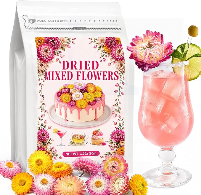 130+ Edible Dried Mixed Flowers for Cake Decorations - Food Grade Natural Color Strawflower, Dried Flower for Drink Toppers, Cocktail Garnish, Cupcakes & DIY Crafts by Andekas