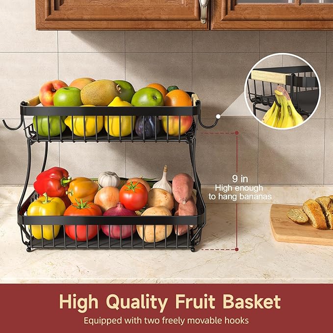 2-Tier Fruit Basket with Banana Hangers, Detachable Metal Bowl | Wooden handle, protective mats included. Versatile holder for bread, snacks, and veggies. Large 2 tier metal design. - Image 2