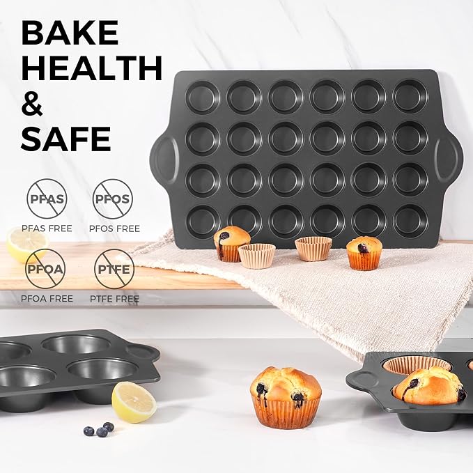 Mini 24 Muffin & Cupcake Pans with 240 Liners, Nonstick, Non-toxic | Heavy-duty Small Cheesecake Tray with Ear Shaped Wider Grips, 1.8dia, Grey, Premium - Image 2