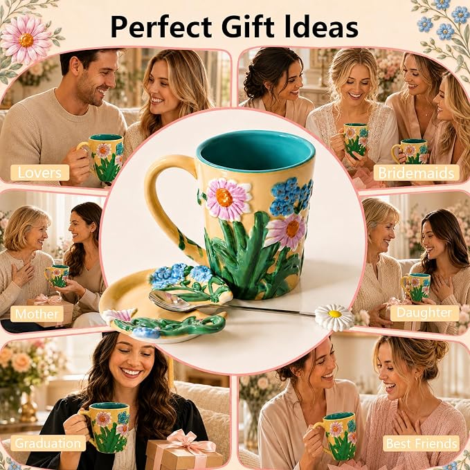 Ceramic Coffee Mug, 19 oz Large Floral Mug with Lid, Novelty Hand-Painted Mugs with Handle & Spoon, Dishwasher & Microwave Safe Cups for Coffee, Tea, Cocoa, Birthday Housewarming Wedding Gift - Beige - Image 8