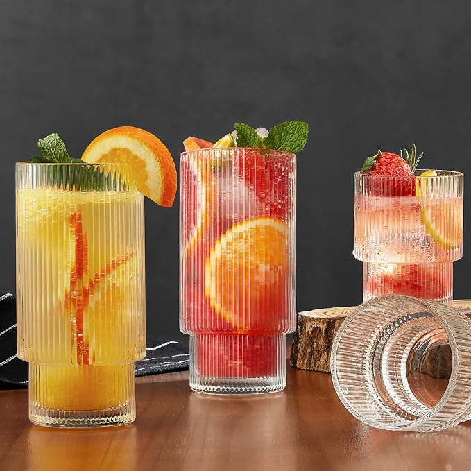 Qipecedm® 6 Pack Ribbed Drinking Glasses, 16 oz Vintage Glass Cups, Highball Glasses, Premium Iced Coffee Glasses, Clear Glass Tumbler, Cocktail Glasses, Elegant Glassware for Water Juice Whiskey Beer - Image 2