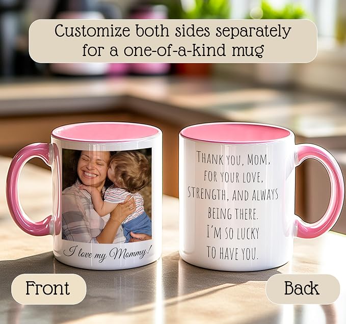 Personalized Coffee Mug | Custom Photo Text or Logo Ceramic Mug | Customized 11 Oz Tea Cup – Unique Gift for Women & Girl | Taza Personalizadas Design with Picture and Words | White – Pink - Image 4